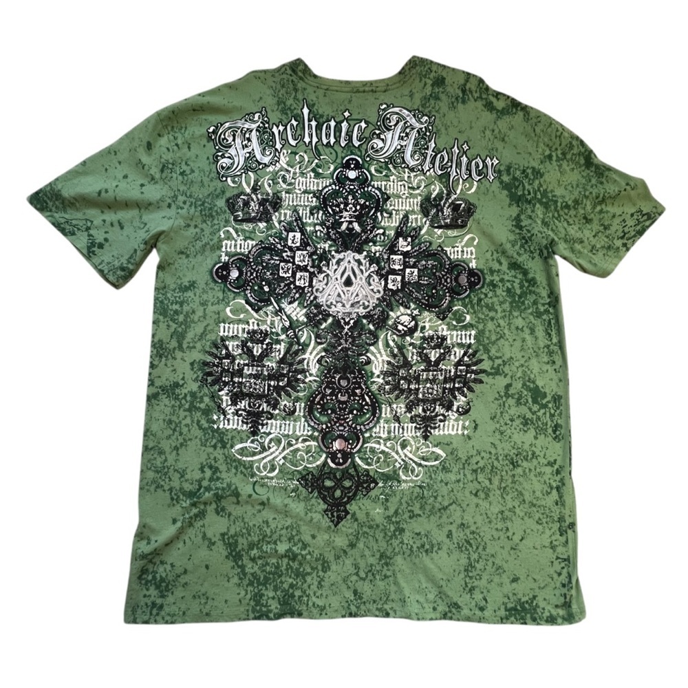 Archaic Atelier Affliction Green Graphic SS Tee Celtic Irish Cross 3XL Y2K Metal